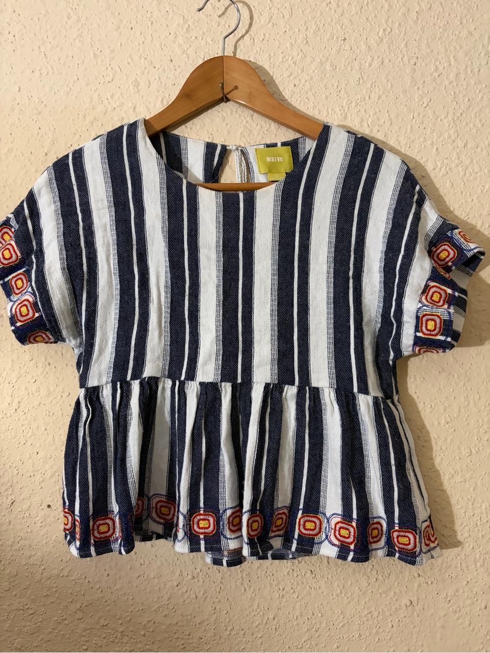 Maeve Navy & White Striped Peplum Top with Multicolor Embroidery